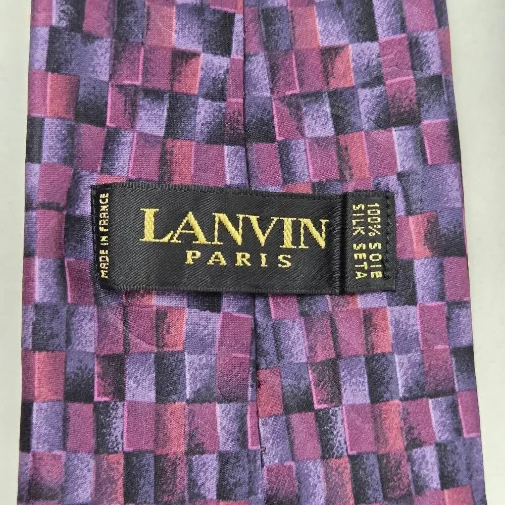 LANVIN PARIS SILK TIE PURPLE PINK CHECKERBOARD ABSTRACT LUXURY 3.75